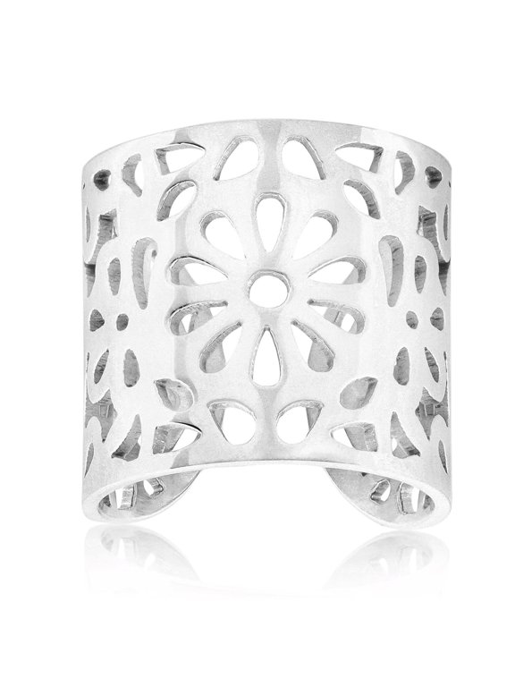 Jewelry Women's Polished Floral Stainless Steel Open Cuff Ring