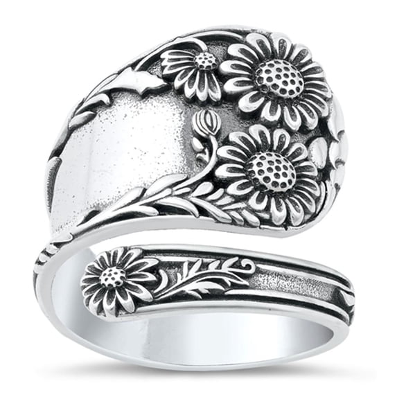 Polished Flower Spoon Ring .925 Adjustable Sterling Silver Band Jewelry Female Male Unisex Size 10