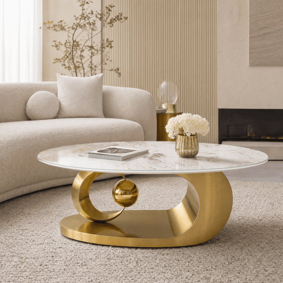 Polished Gold 201 Stainless Steel Coffee Table, Oval Faux Marble Glass Top Coffee Table, Luxury Sculptural Center Table, Modern Artistic Living Room Coffee Table, Gold Frame Accent Table