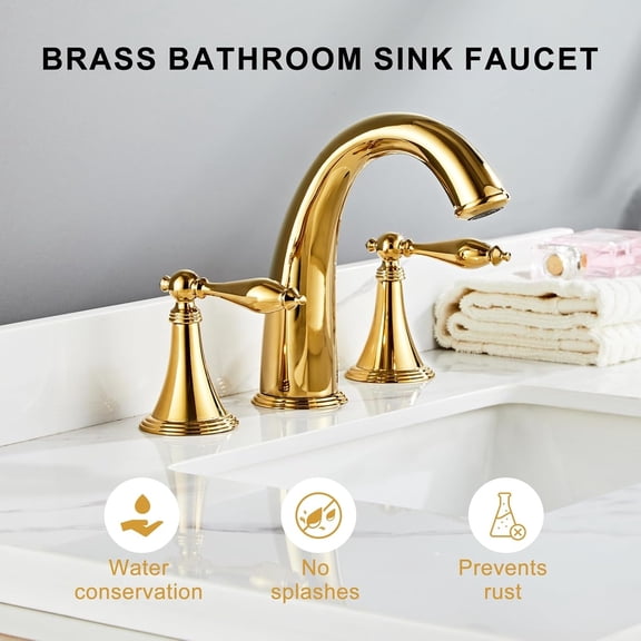 Polished Gold Bathroom Sink Faucet,Brass Bathroom Faucet 3 Hole,Widespread Bathroom Faucet for Sink 3 Hole,2 Handles Design with Water Supply Lines