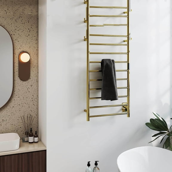 Polished Gold Heated Towel Rack, 10-bar Fast Dry Towel Warmer with Smart Timer and Thermo Control, Wall-Mounted/Hard-Wired Installation, Stainless Steel