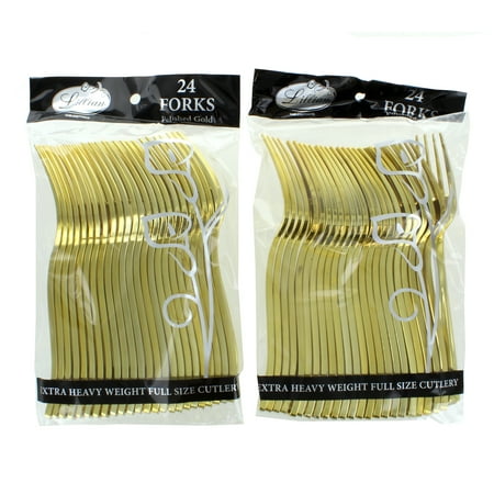 Polished Gold Plastic Forks Heavy Weight Party Utensils Lillian Lot of 48