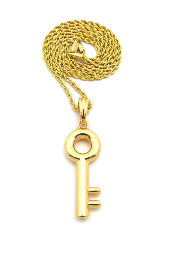Polished Lever Lock Key Pendant w/2mm 24" Rope Chain Necklace, Gold-Tone