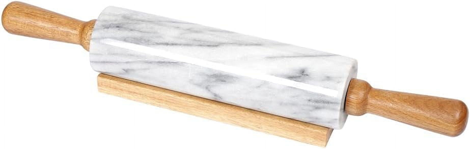 Polished Marble Rolling Pin, 15inch with Wooden Handle and Holder Base Stand, Kitchen Baking