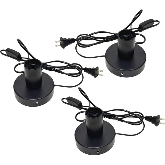 Polished Metal Light Bulb Socket E26 E27 Desktop Lamp Base Bulbs Holder Replacement Base for Holding Bulb, 6 Feet Black Cord on Off Switch Plug,3 Packs