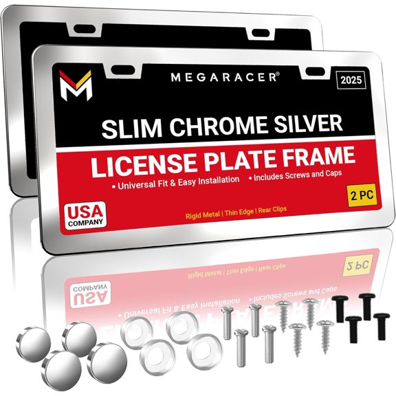 Polished Mirror Chrome Silver Thin License Plate Frames 2 Pack, Car Wash Proof Stainless Steel, Rust-Free, Rattle-Free, Street Legal, Slim Hole with Screw Caps, Metal Front & Rear Tag Holders