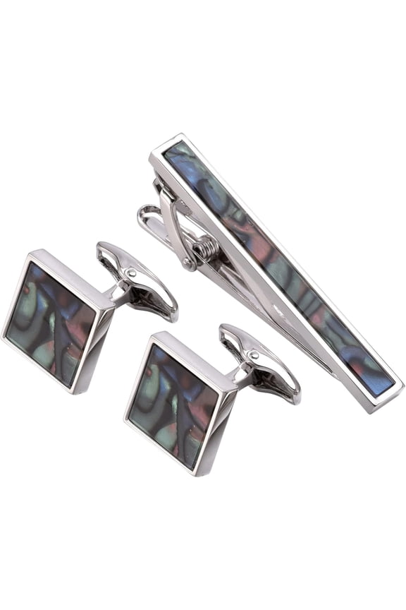 Polished Natural Abalone Men Cufflinks and Tie Clip Set Silver Tone 14K Gold Plated Men Tie Pin Cufflinks for Wedding Tuxedo Shirt Party Birthday Anniversary