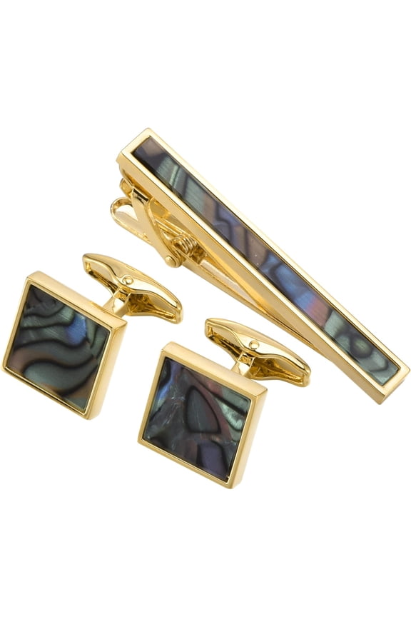 Polished Natural Abalone Men Cufflinks and Tie Clip Set Silver Tone 14K Gold Plated Men Tie Pin Cufflinks for Wedding Tuxedo Shirt Party Birthday Anniversary