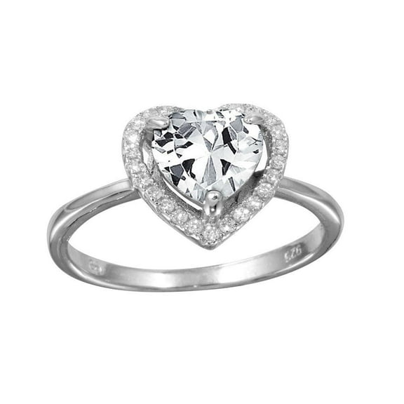 Polished Rhodium Plated 925 Sterling Silver Clear Halo Heart Ring Band White CZ Female Size 9