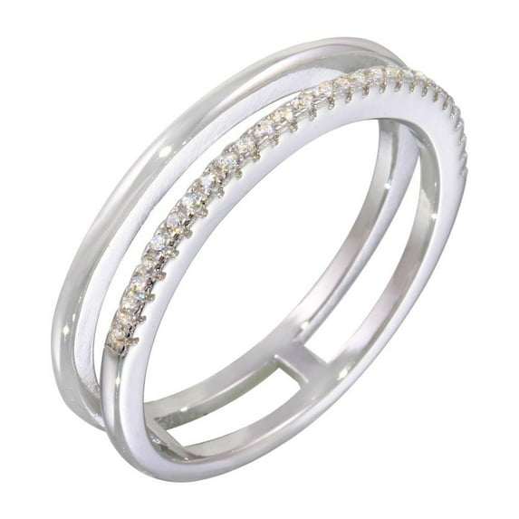 Polished Rhodium Plated 925 Sterling Silver Two Row Ring Clear CZ Band White Female Size 5