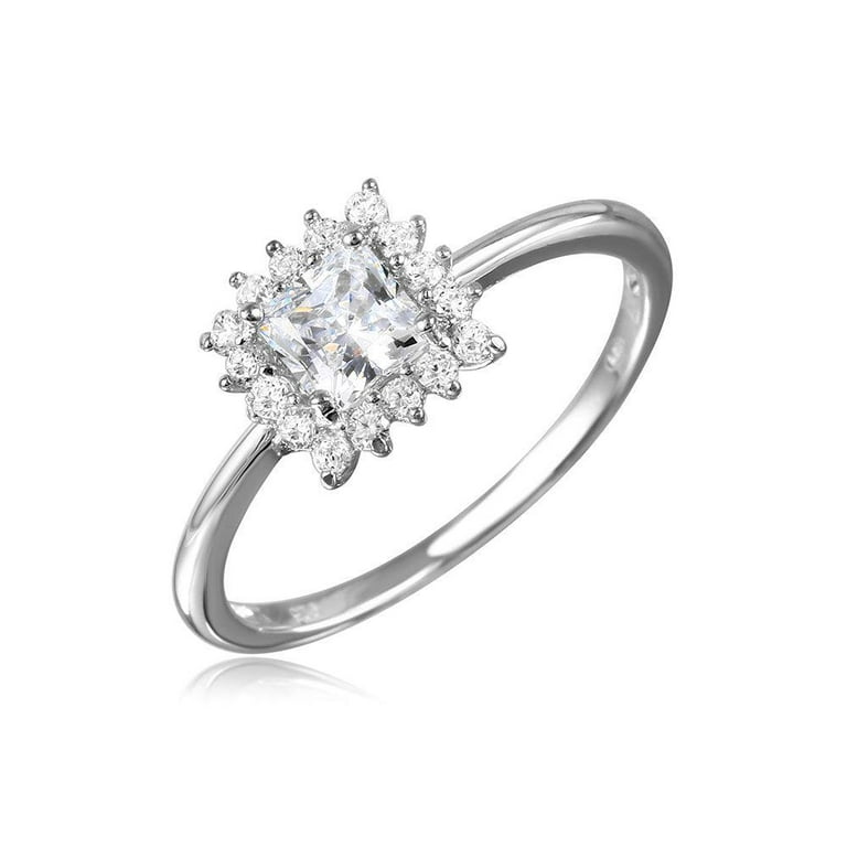 Polished Rhodium Plated Sterling Silver 925 Square Clear CZ Ring
