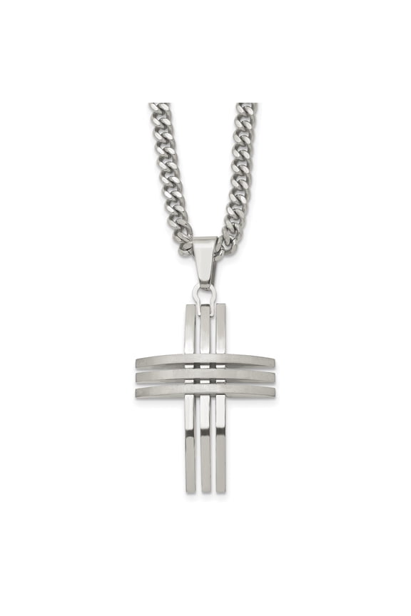Mens Stainless Steel Cross Pendant Necklace with Mirror Finish Curb Chain Modern Minimalist Jewelry with Geometric Interlocking Bars Symbolizing Faith Protection and Unity Bold Masculine Design