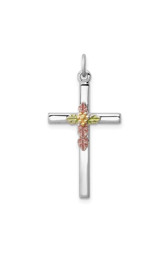 Polished Silver Cross Pendant Necklace for Men and Women with Tricolor Gold Leaves Spiritual Christian Jewelry with Textured Leaf Detail and Modern Religious Design