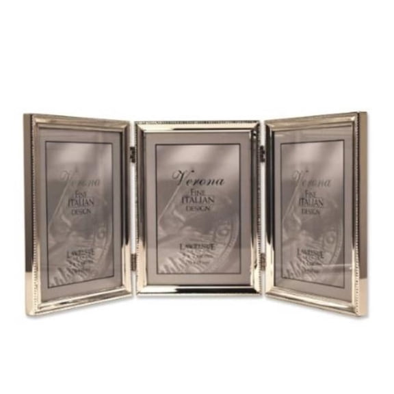 Polished Silver Plate 5x7 Hinged Triple Picture Frame - Bead Border Design