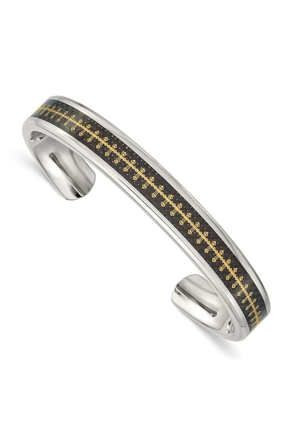 Polished Silver Tone Cuff Bracelet with Black Inlay and Gold Geometric Accents Sleek Modern Unisex Design Open Ended Bangle for Elegant Fashion Accessory and Sophisticated Contemporary Style