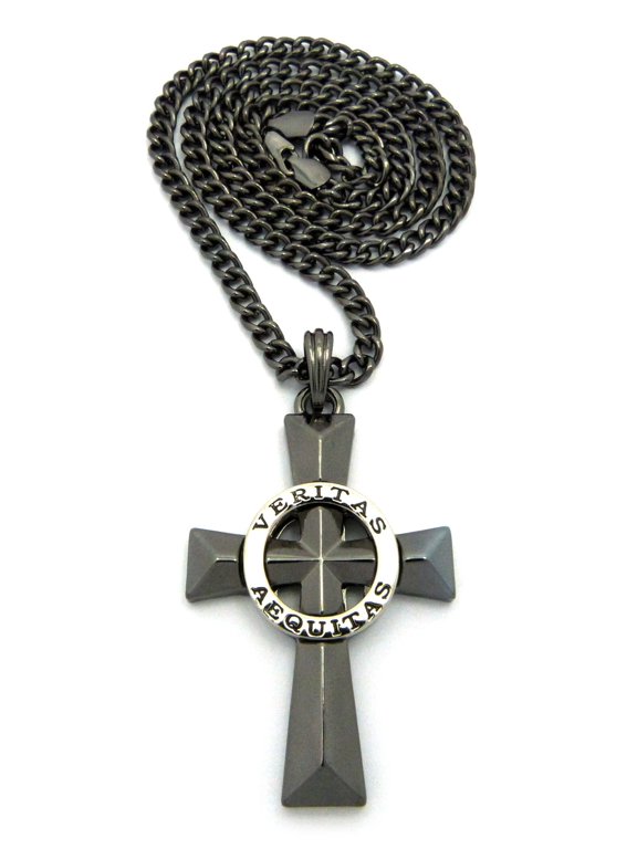 Polished Silver-Tone Veritas Aequitas Pendant 5mm 61cm Cuban Chain Necklace in Hematite-Tone