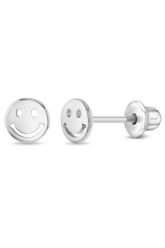 Polished Smiling Face Children's / Girls Earrings Screw Back - Sterling Silver