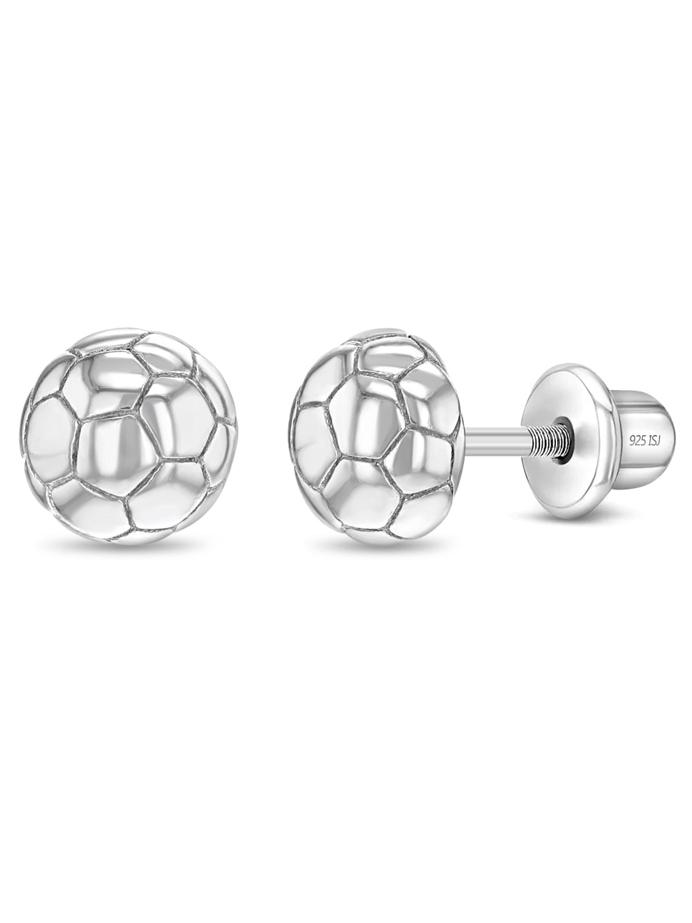 Polished Soccer Ball Kids / Children's Earrings Screw Back - Sterling Silver