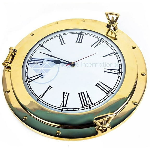 Polished Solid Brass Lustrous Premium Nautical Port Hole Time's Clock | Exclusive Pirate's Ship Wall Decor & Collectibles Functional Clock | Nagina International (36 Inches)