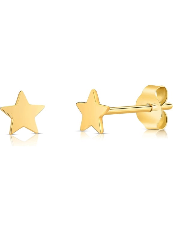 Polished Solid Gold 14K Celestial Star Stud Earrings 4mm