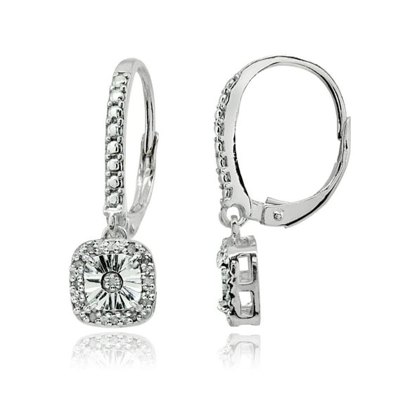 Polished Square Cushion Diamond Accent Sterling Silver Leverback Earrings, JK-I3
