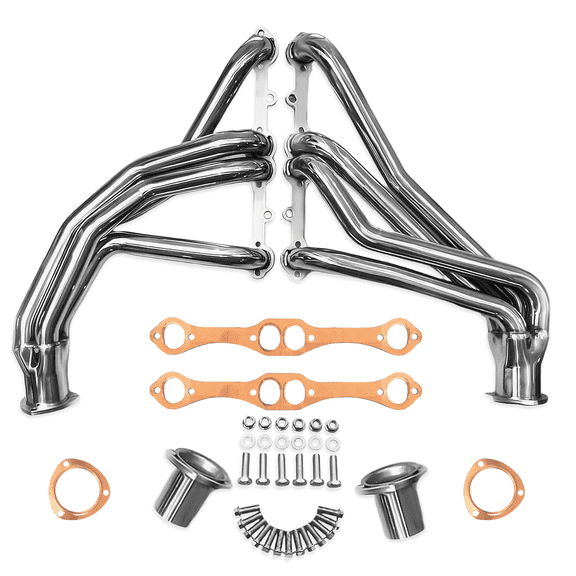 Polished Stainless Steel Long Tube Headers SBC Chevy GMC 1973–1987 C10 K10 C20 K20 C30 K30 Blazer Suburban Jimmy 265 283 305 307 327 350 400 V8 – Copper Collector & Multi-Layer Copper Fiber Gaskets