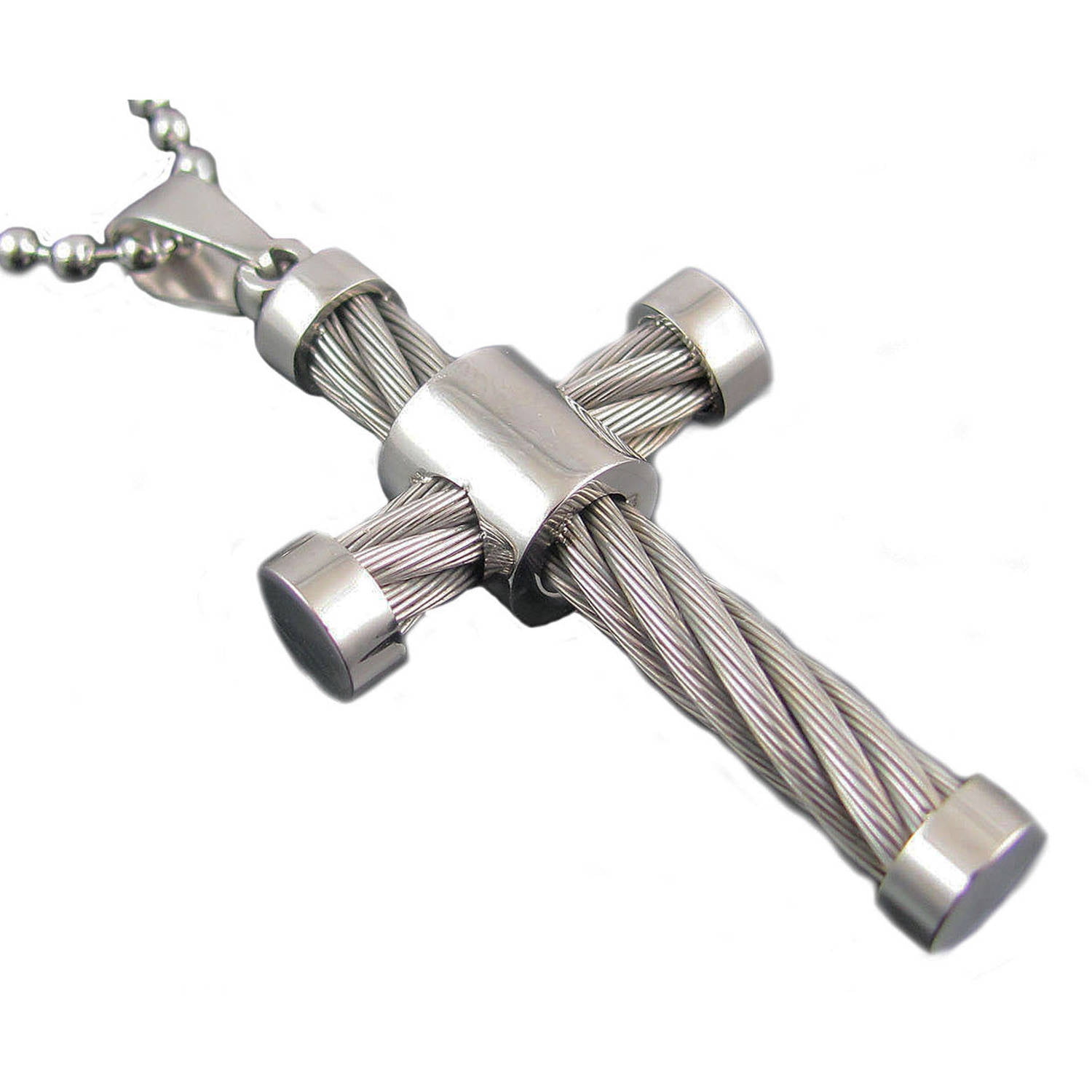 Polished Stainless Steel Cable Cross Pendant, 24" Bead Chain