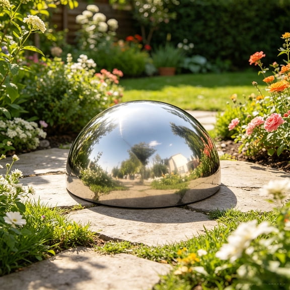 Polished Stainless Steel Half Sphere Decorative Ornament, Smooth Glossy Metal Finish, Compact Desktop Sizing, Reflective Round Decor for Living Room Table Holiday Scene Layout & Shelf Embellishment