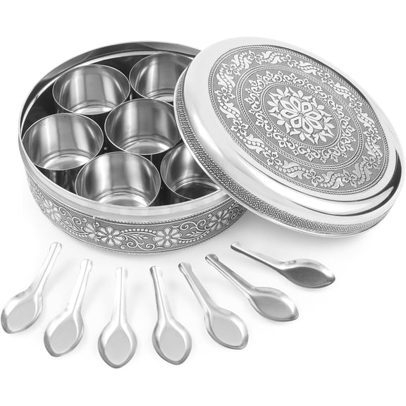 Polished Stainless Steel Masala Dabba Spice Container Set, 7 Spice Jars with Lid and Serving Spoons, 8 Inch Indian Spice Box