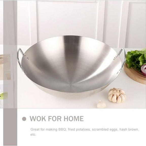 Polished Stainless Wok Round Bottom Wok With 2 Loop Handles Stainless Round Bottom Wok For Kitchen Home Restaurant (11 Inch)(28x28cm)/ Polished Stainless Steel Frying Pan