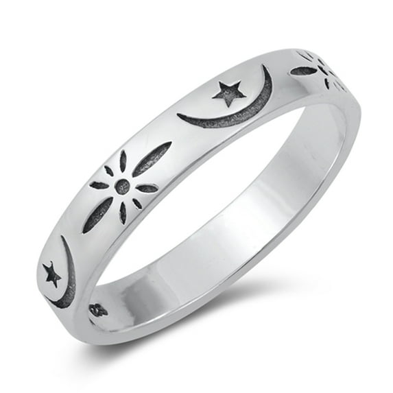 Polished Star Moon Fantasy Ring .925 Sterling Silver Band Jewelry Female Male Unisex Size 6