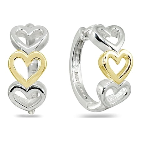 Polished Sterling Silver and Yellow Two-Tone Open Heart Small Huggie Hoop Earrings
