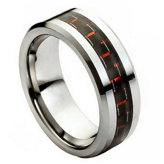 Polished Tungsten Black Red Carbon Fiber Inlay Beveled Edge Ring Size 15