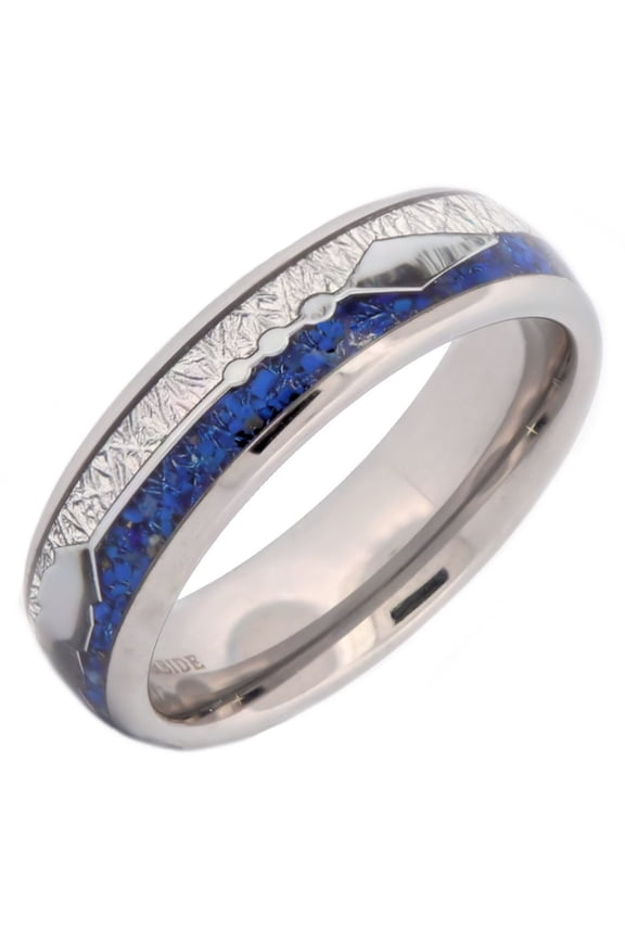 Polished Tungsten Carbide 6mm Blue Lapis Lazuli Inlay and Meteorite Inlay with Arrow Ring Size 11.5