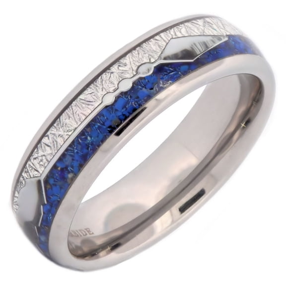 Polished Tungsten Carbide 6mm Blue Lapis Lazuli Inlay and Meteorite Inlay with Arrow Ring Size 8