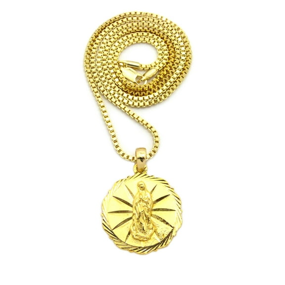 Polished Virgin Mary Medallion Pendant with Chain Necklace - 2mm 24" Gold-Tone Box Chain