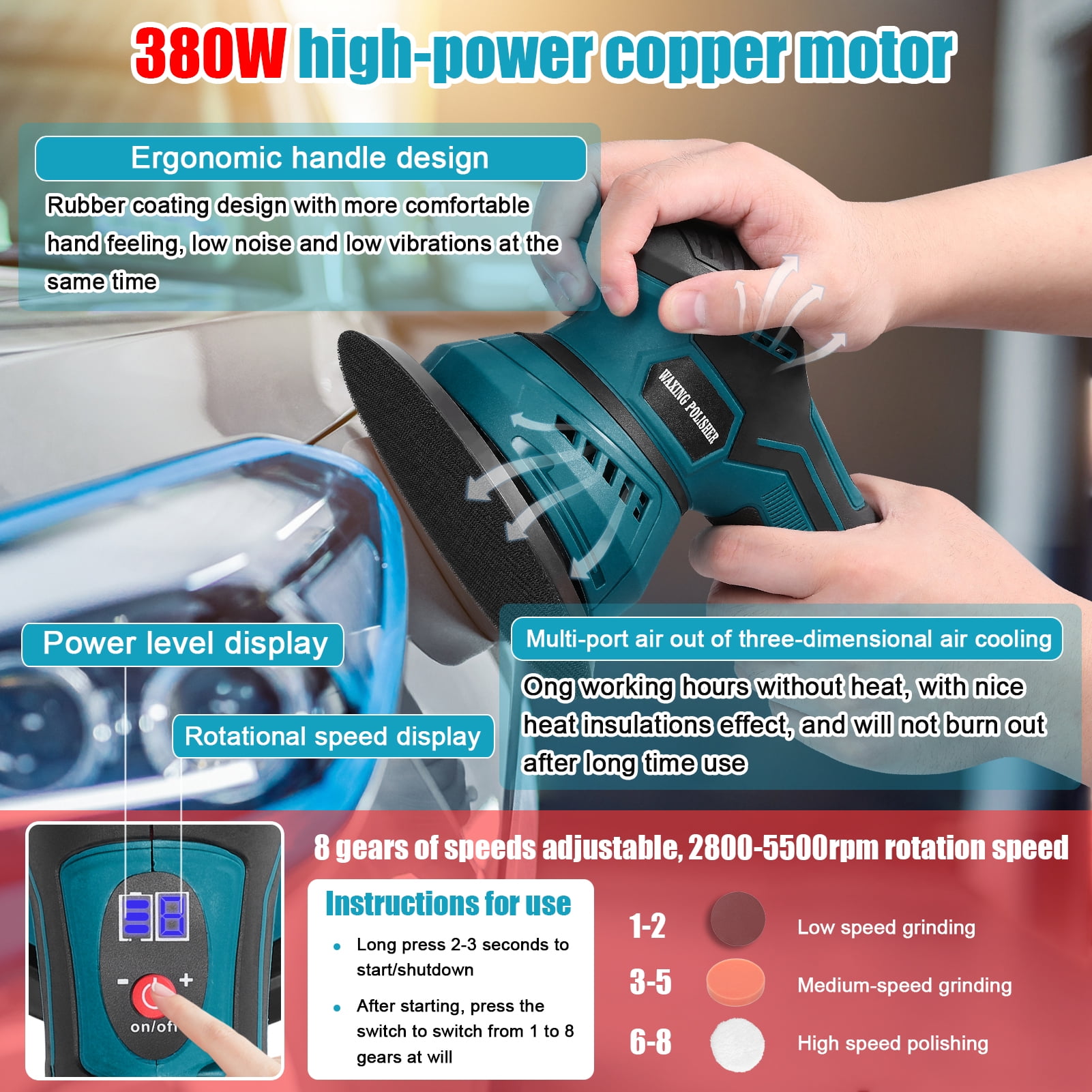 Polishing Machine,Speeds Adjustable 8 Speeds 8 Of Speeds Car Polisher