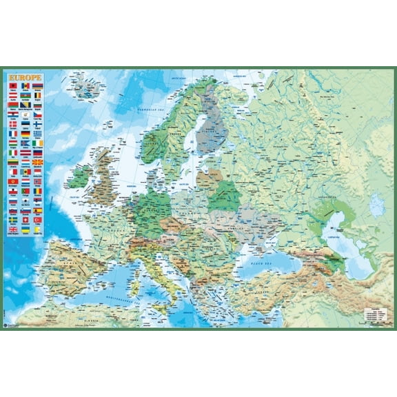 Political And Physical Map Of Europ Hfe Poster (36 x 24)