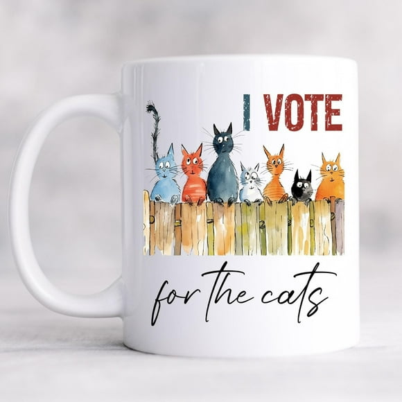 Political Humor Cat Mug – “I Vote for Cats” – 11oz Novelty Coffee Cup