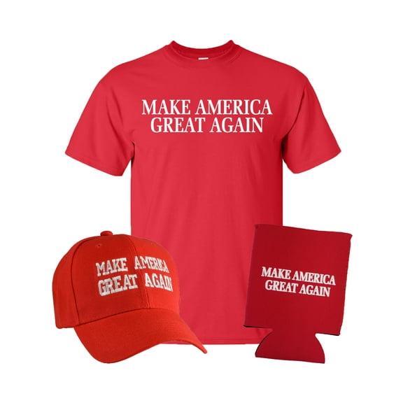 Political MAGA Bundle: Make America Great Again Baseball Cap, Adult Short Sleeve T-Shirt, Beverage Insulator-Red-XXXL