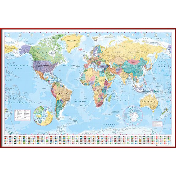 Political Map Of The World - Framed Educational Poster (World Map With Flags - Version 2) (Size: 37" X 25") (Red Plastic Frame)