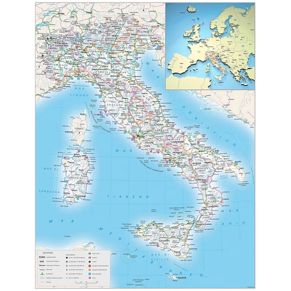 Political Map of Italy Poster - Detailed Regional Geography | Gift Ideas 【Poster Paper】