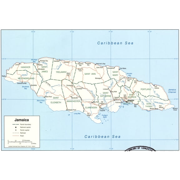 Political Map of Jamaica Poster - Parish Boundaries & Geography 【Laminated】
