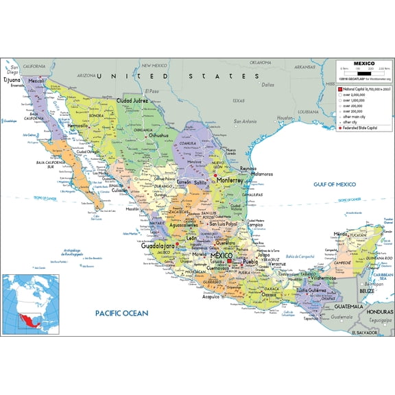 Political Map of Mexico Poster - States & Capitals | Educational Wall Art 【Laminated】