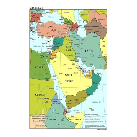 Political Map of The Middle East Wall Chart Educational Geography Poster with Major Cities and Capitals for School Office and Home Decor