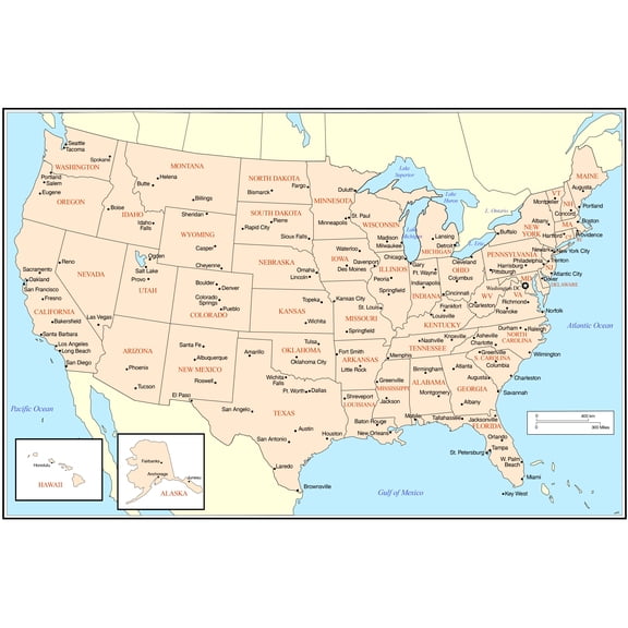 Political Map of USA with Major Cities Poster - Educational Wall Art | Home Decor 【Poster Paper】