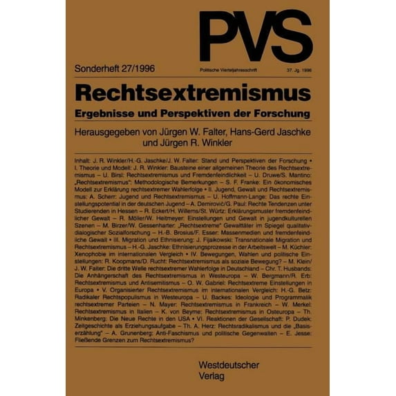 Politische Vierteljahresschrift Sonderhe Rechtsextremismus: Ergebnisse Und Perspektiven Der Forschung, Book 27, (Paperback)