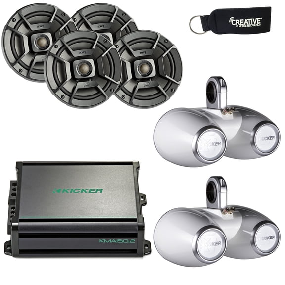 Polk Audio Marine Wake Tower Package with 4 DB652 6.5"Speakers, Dual White Enclosures, Kicker KMA1502 Marine Amp