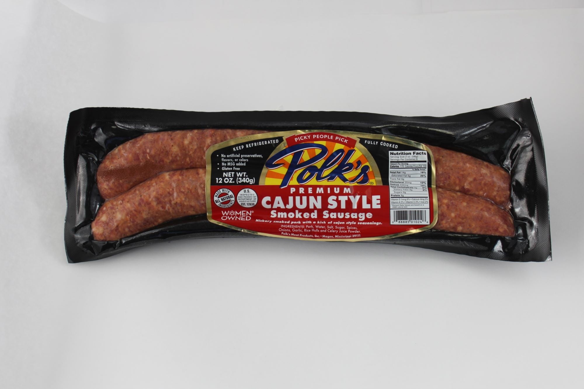 Polk's Premium All Natural Cajun Smoked Sausage Links, Made with Pork, Fully Cooked, Keep Refrigerated, 12 oz