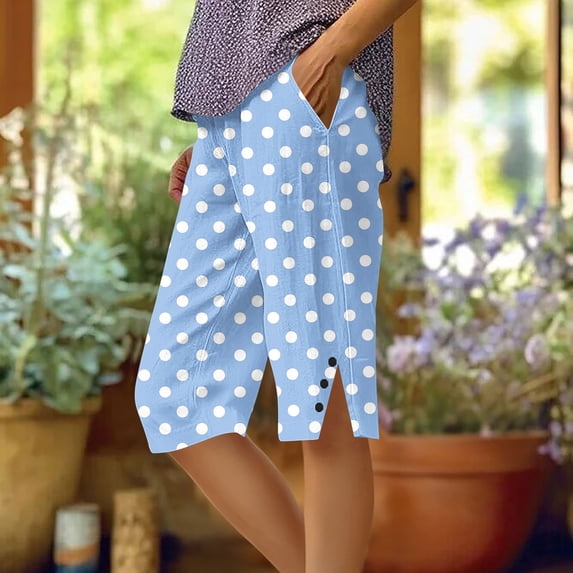 Polka Capris Pants Women Knee Length Side Slit Button Loose Straight Leg Soft Casual Daily Wear Shorts Light Blue M